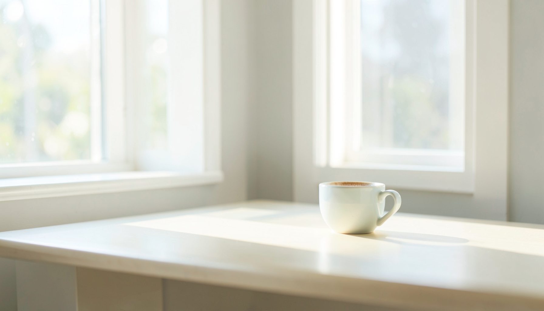 A bright, airy morning scene with soft natural light streaming through a window onto a simple desk with a coffee cup, in cream and pale blue tones
