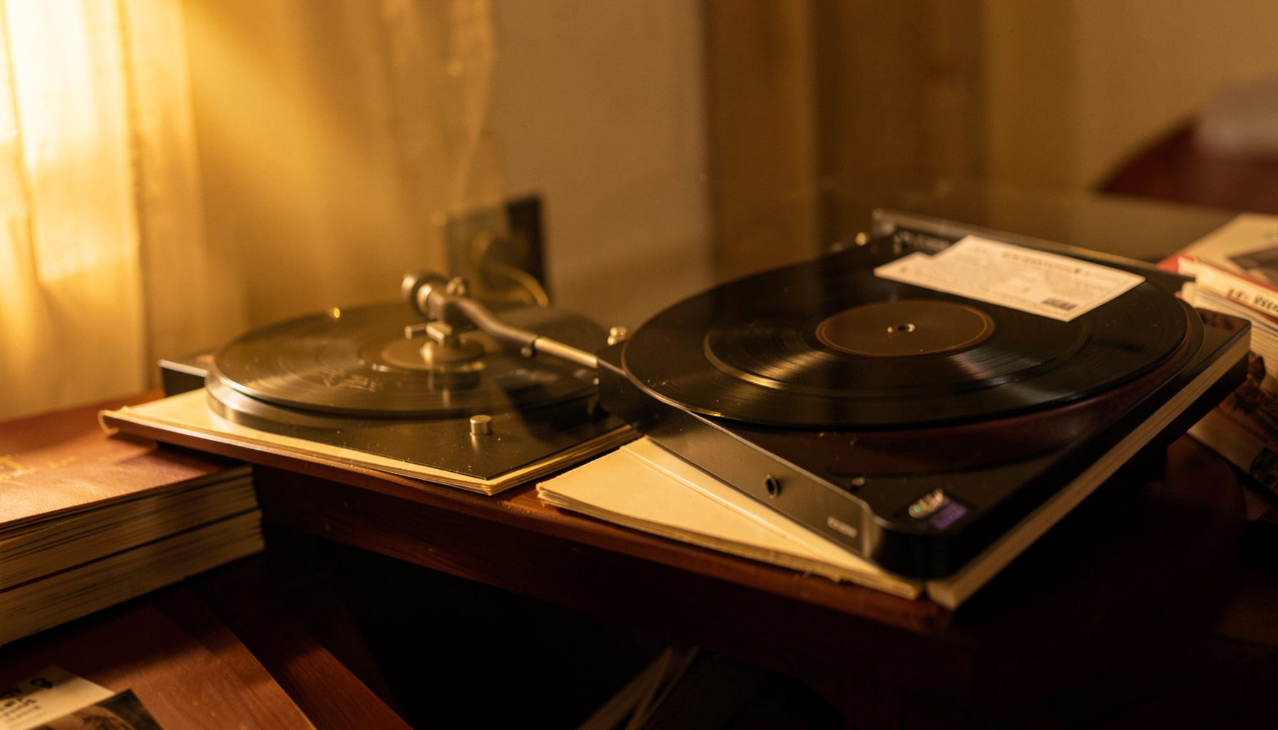 A cozy indoor scene with warm golden light, a record player, and stacked vinyl sleeves in cream and brown tones
