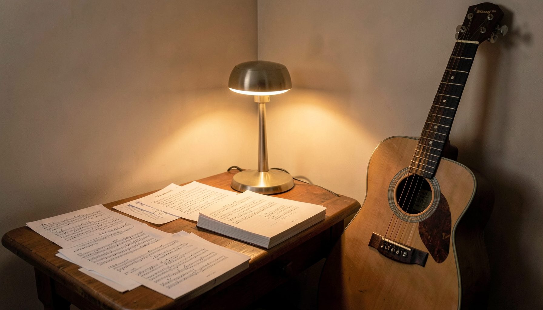 A cozy studio corner with warm lamp light, scattered lyric sheets, and an acoustic guitar leaning against the wall