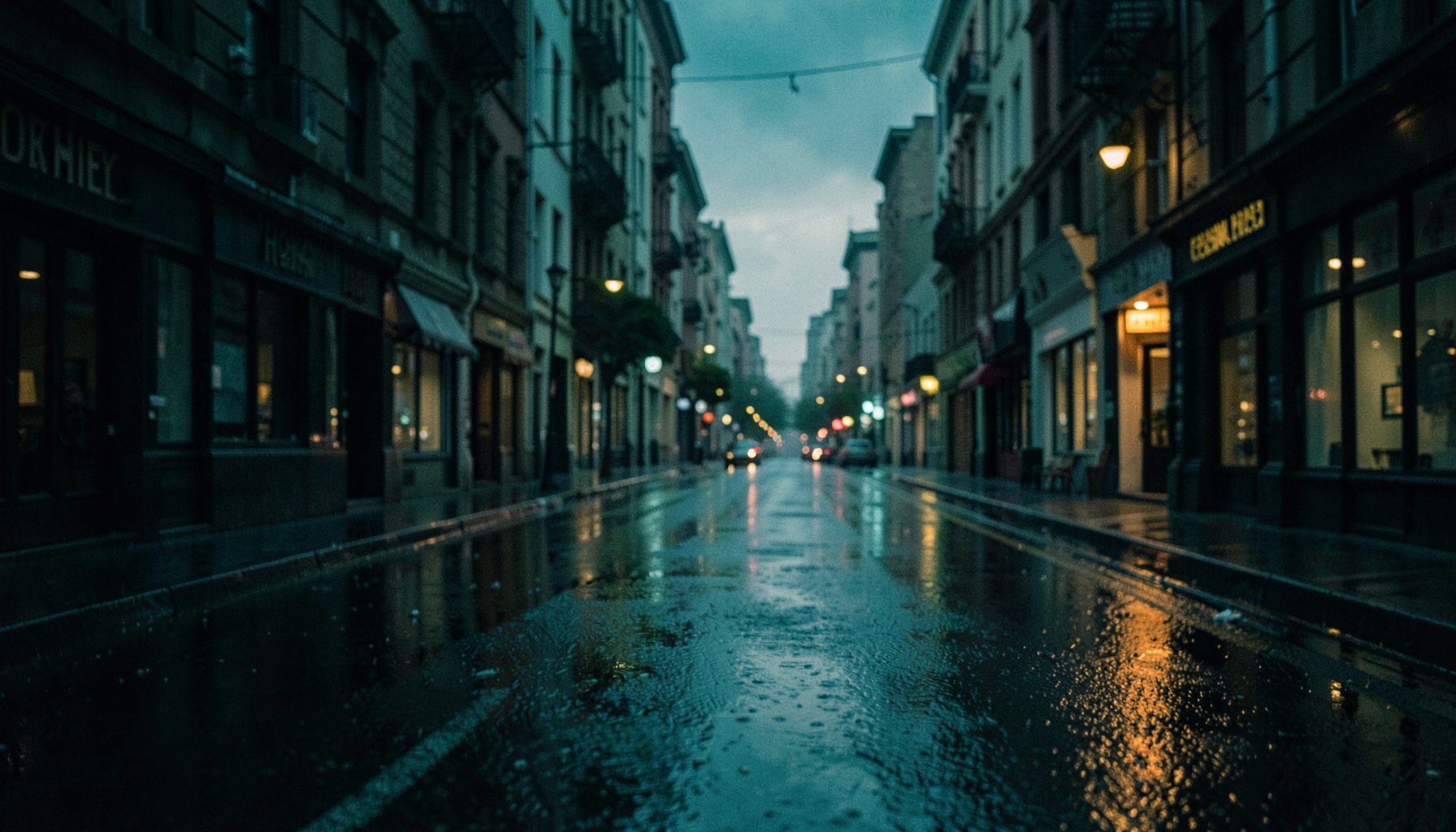 A moody, atmospheric city street at twilight with soft rain on pavement, in deep teal and muted amber tones