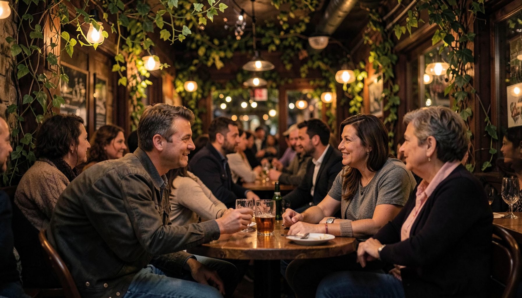 A warm, intimate pub terrace scene with soft amber lighting and creeping green vines, evoking a relaxed conversation atmosphere