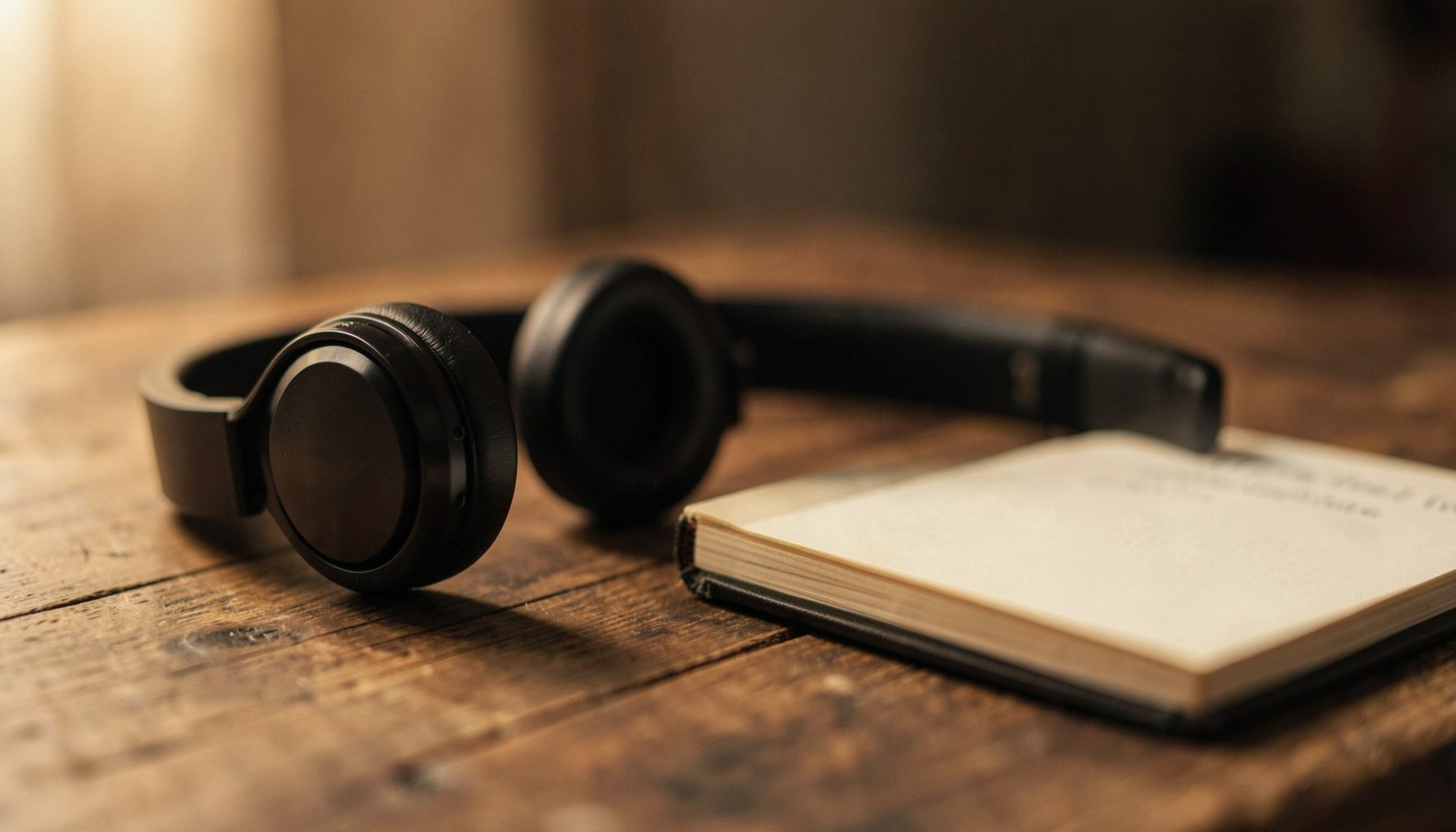 A warm, softly lit scene with a pair of headphones resting on a wooden table beside a notebook, in muted earth tones and gentle amber light