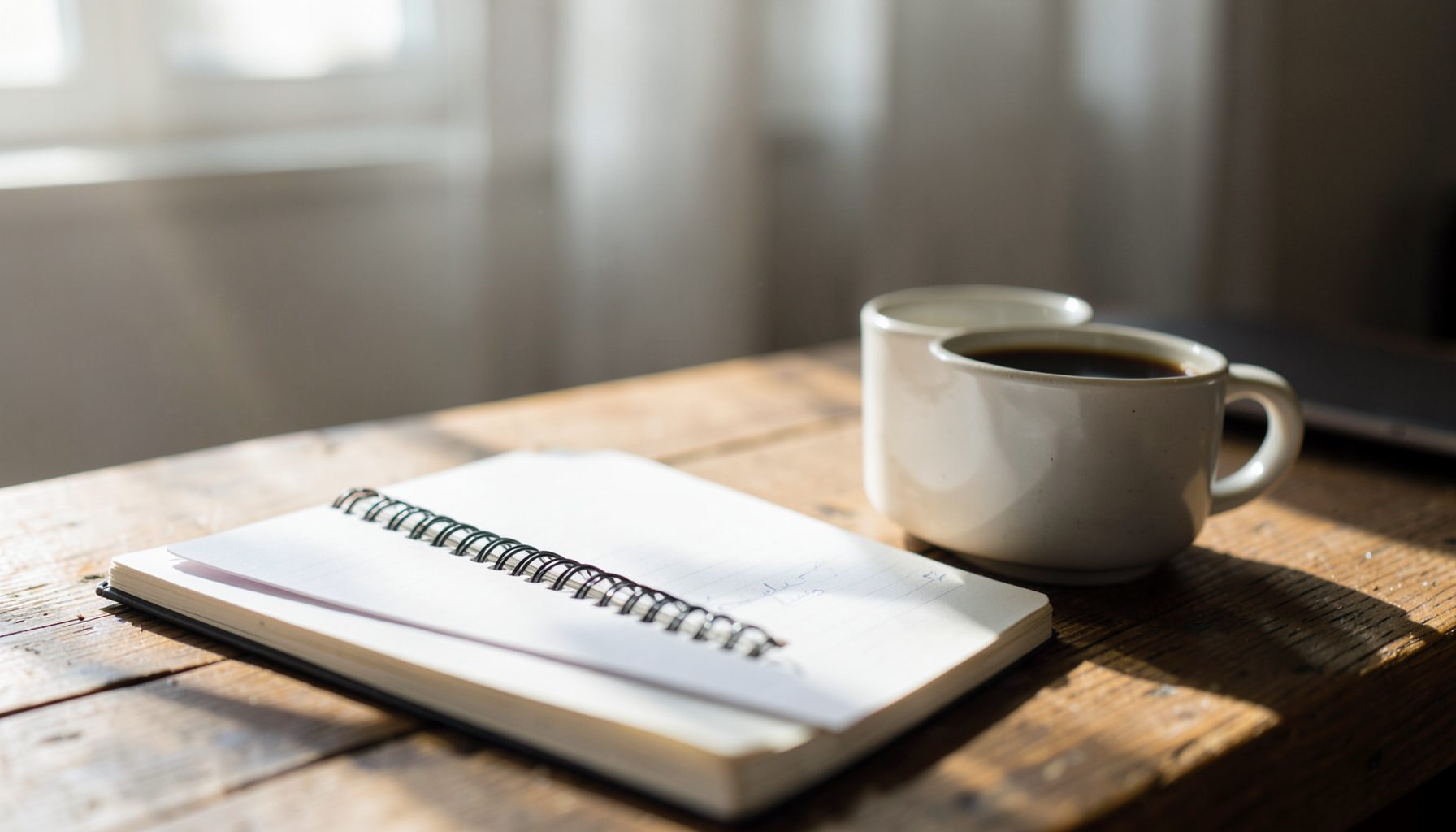 Soft daylight falling across a wooden table with a notebook and coffee cup, suggesting a thoughtful creative workspace